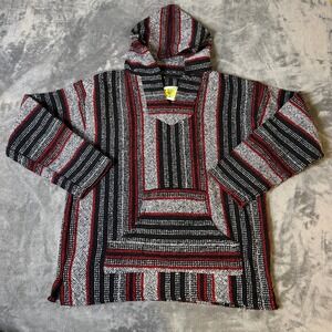 Iguana Jack Mexican Poncho XL Baja Drug Rug Striped Pullover Black Red White